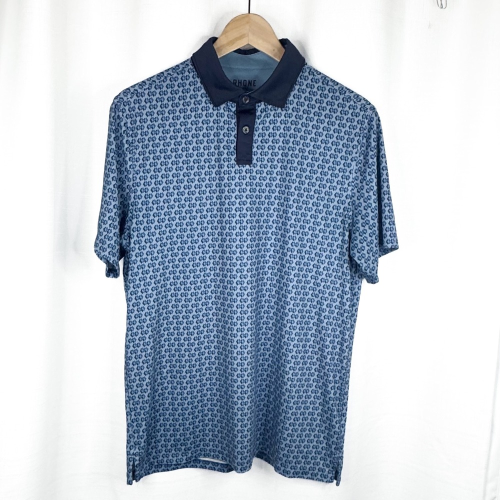 Rhone Polo Shirt Mens S Blue Geometric Diamond Golf Performance Stretch EUC